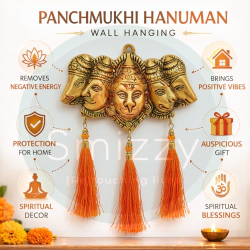 Image of Smizzy panchmukhi Hanuman for Door Entrance Hanging, Gold Finish Wall Hanging Statue Showpiece with Orange Latkan for Main Gate, Metal Hindu God anjaneya Swamy Idol for Pooja Room Temple Vastu, 1 pc