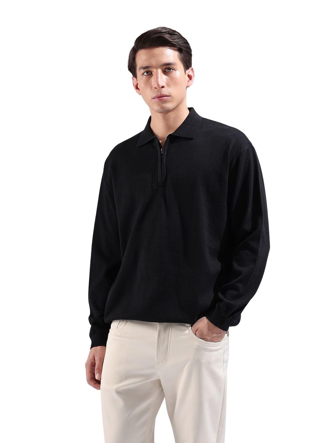 The Indian Garage Co Men Oversized Fit Textured Flatknit Long Sleeve Polo T-Shirt-picture-13
