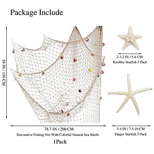 79 x 59 inch Nature Fish Net Wall Decoration with Colorful Sea Shells and 10 Pcs Natural Starfish Ocean Themed Mediterranean Style Fishing Net for Beach Party,Wedding,photography Wall Decoration