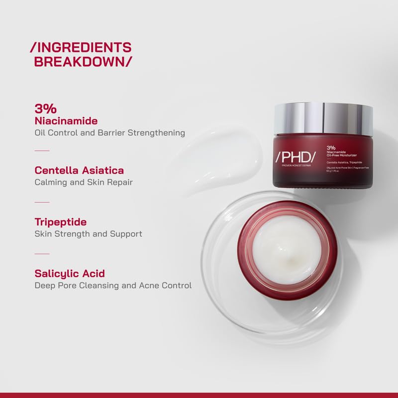 Image of /PHD / 3% Niacinamide Oil-Free Moisturizer | Face Moisturizer for Oily & Acne-Prone Skin | Lightweight Gel for Men & Women with CICA & Tripeptide | Hydrates & Controls Oil | 0.05% Salicylic acid| 100g