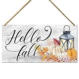 Letrero de madera con texto en inglés 'Hello Fall', decoración de pared de calabaza de otoño para el hogar, porche, granja, sala de estar, decoración de puerta delantera, decoración de letrero