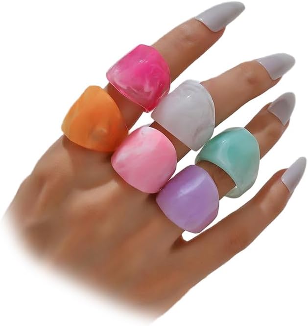 6Pcs Chunky Colorful Resin Stackable Knuckle Rings Set for Women Fashion Rainbow Acrylic Stack Thumb Ring Pack Aesthetic Statement Finger Jewelry Accessories