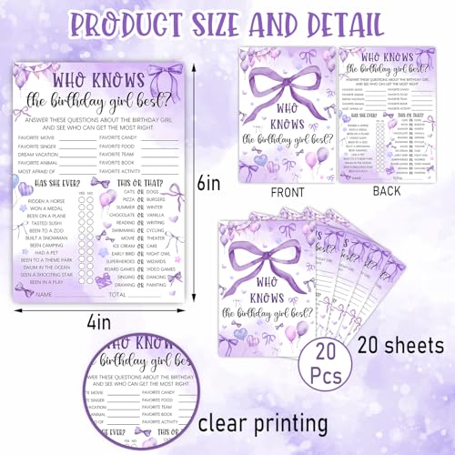 Image of Who Knows The Birthday Best - Purple Party Games Card Set - Purple Bow Themed Sleepover Slumber Party Supplies - Birthday Night Games Creative Idea - 20 Game Cards