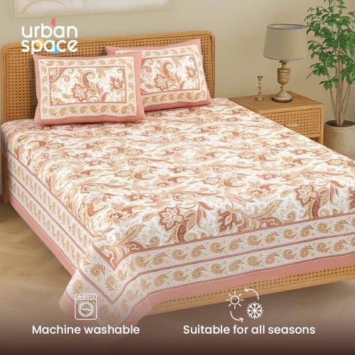 Image of Urban Space 100% Cotton Jaipuri Handblock Printed Double Bedsheet with 2 Pillow Covers, 200 TC Cotton Bedsheet (Size 90 x 100 inches, Rangmahal)