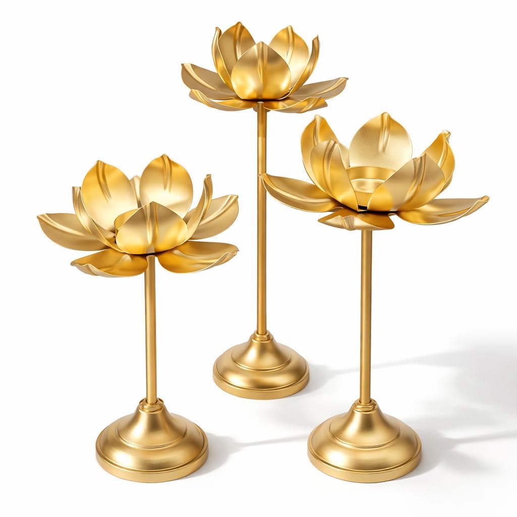 A.F HOMEGOODS Lotus Tealight Candle Holder Set of 3 | Golden Metal Lotus Diya Stand | Diwali Decor | Mandir Pooja Decor | Wedding Table Centerpiece | Living Room Home Decor-image-46