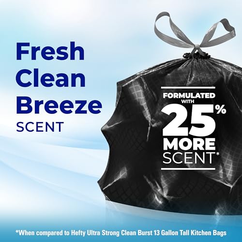 Image of Hefty Ultra Strong Signature Scents 13 Gallon Trash Bags, Fresh Clean Breeze Scent, Tall Kitchen Trash Bags with 25% More Scent Technology, Blackout, 80 Count