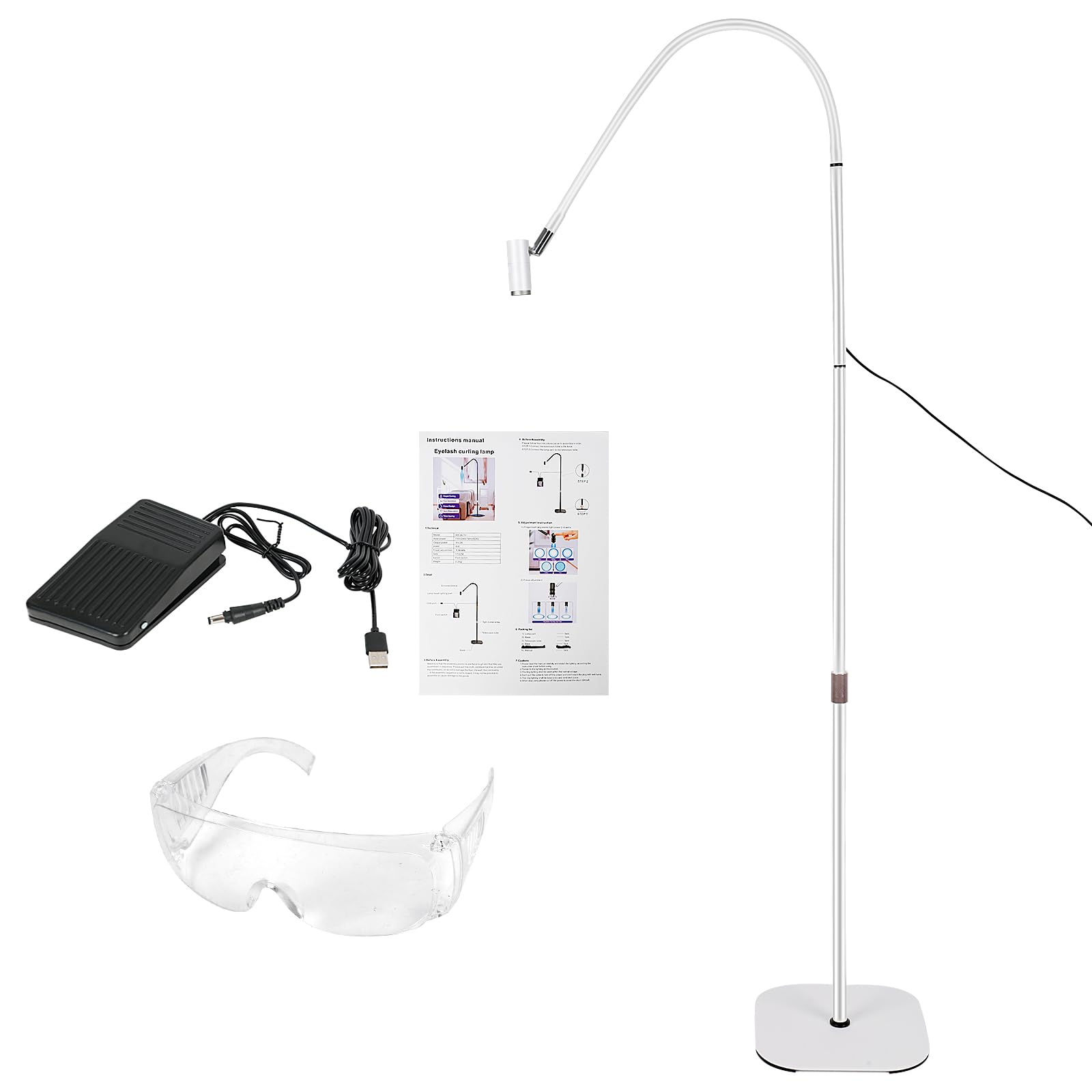 UV Wimpern Lampe, 6W UV Wimpernlampe mit Fußschalter Schutzbrille, UV Lash Lamp mit Einstellbare Punktgröße, 360° Flexibler Schwanenhals UV Licht für Gelnägel und Wimpern Aushärten (Weiß)