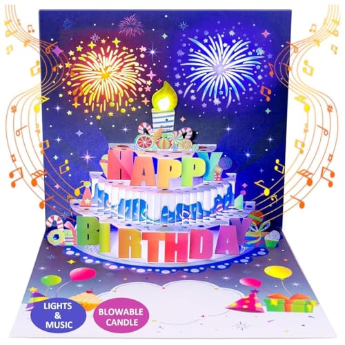 WUSJCOF Carte d'anniversaire 3D musicales et lumineuses, 1 pièce, amusantes, avec musique et lumière, 3D feu d'artifice, carte cadeau femme, homme, 18 ans, pop-up, cadeau pour fille, ami, collègues