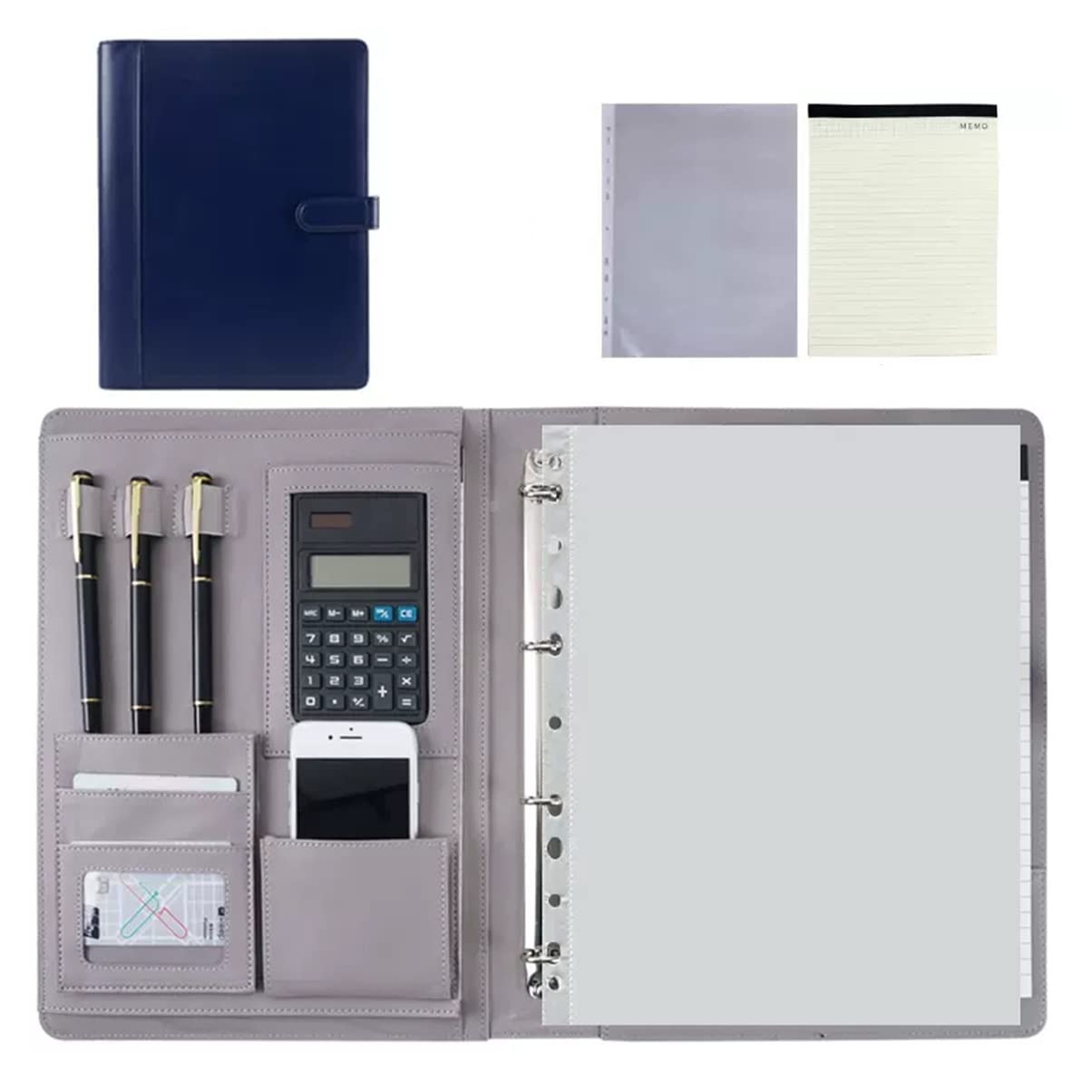 Schreibmappe A4, Portfolio-Ordner, A4, Konferenzordner mit 4-Ring-Ordner, A4-Padfolio aus PU-Leder für BWL-Studenten, Vorstellungsgespräche, Lebensläufe, Schulungen
