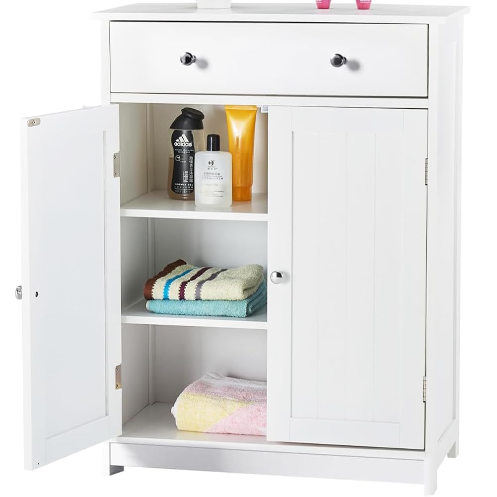 Shally Dogan Armadietto da Bagno Autoportante in Legno Bianco, Mobile Armadio da Terra Multiuso con 1 Cassetto e 2 Ante, Mobiletto per Casa, Cucina, Salone, Salotto, Ingresso, Ufficio, Maniglie Silver