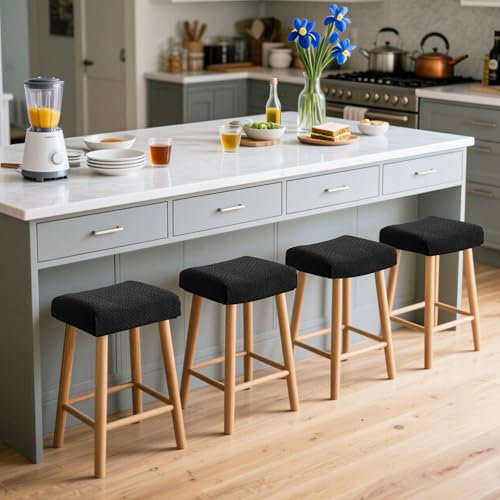 Image of Waterproof Bar Stool Covers Rectangle Set of 4 Black Jacquard Stretchable Backless Barstool Seat Cover Counter Bar Stool Slipcovers Washable