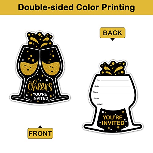Rewidparty Black Gold Birthday Party Invitations With Envelopes & Stickers（Set Of 15） Cheers Shaped Fill-In Invitations Black & Gold Invites Cards Birthday Anniversary Party Celebration Supplies #TOP1