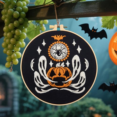 Image of Halloween Embroidery Kits for Beginners Adults, Ghost Embroidery Starter Kits, Halloween Cross Stitch Kits for Beginners Adults Hobbies for Women, Embroidery Fabric, Threads, Hoops and Video Tutorial