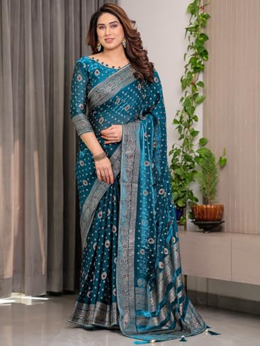 Image of ALMAARI FASHION Fendy Satin Foil Print Floral Saree with Tassels, Traditional Butti Motifs, 5.5m with 0.8m Blouse (FOIL 102 RAMA H)