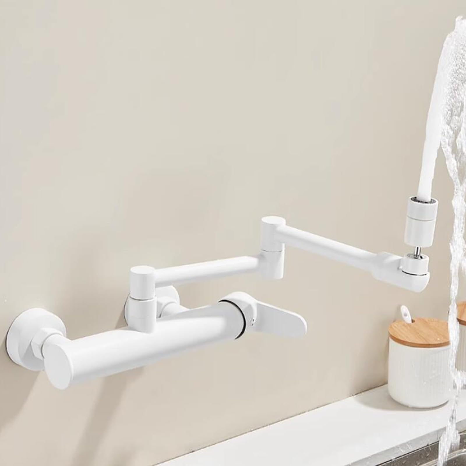 Rubinetto Cucina a Muro Miscelatore Cucina Pieghevole Girevole Acqua Fredda e Calda Ottone 2 Funzioni Bocchetta Miscelatore Cucina Parete-Bianco