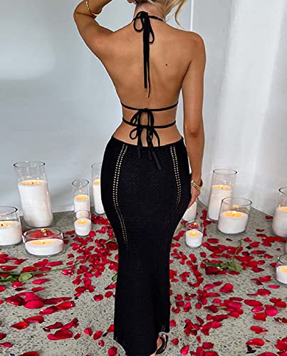 Image of NUFIWI Women Backless Hollow Out Long Dress Sexy Knitted Maxi Dress Bodycon Spaghetti Strap Cocktail Party Midi Dress