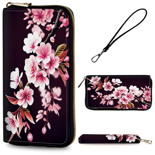 RYUITHDJP Large Capacity Wallet Zip Around Leather Wallet for Women Men Phone Holder Clutch Travel Purse Multifunctional Wallet with Detachable Wristlet Strap - Cherry Blossom