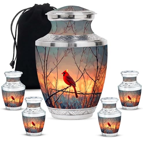 Image of Cardinal Bird Urn Keepsake Urn for Ashes Adult Male 1 Large & 4 Small | Keepsake Urn for Ashes Adult Male & Female Memorial Funeral Urns Small Cremation Urns