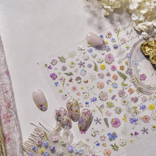 Image of Flower Nail Stickers for Nail Art Spring Nail Decals 5D Embossed Self-Adhesive Nails Charms Floral Nails Design Supplies Decoration Accessories for Women 1 Sheets