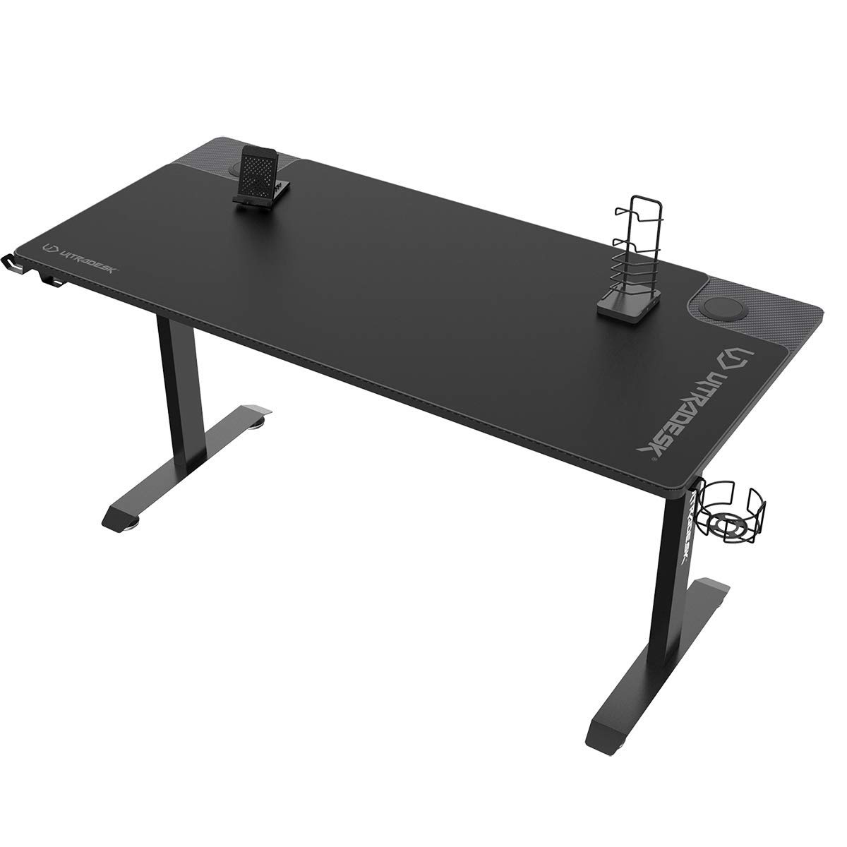 ULTRADESK Momentum|Sedia Da Gioco Ergonomica Con Ampio Spazio Di Lavoro, Pad XXL, Supporto Per Cellulare, Portabicchieri|Costruzione In Acciaio Con Rinforzi, Portante Fino A 130 kg | Nero, 152,5x70 cm