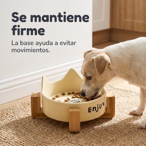 Cuenco de cerámica con orejas de gato y soporte ergonómico de madera maciza 7