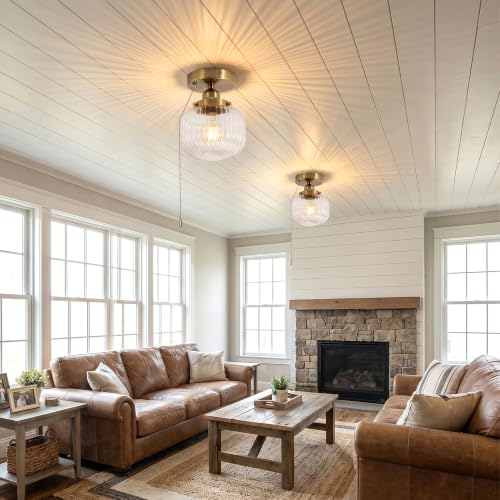 Image of Pull Chain Semi Flush Mount Ceiling Light, Vintage Brass Ceiling Light Fixture, Vertical Ribbed Clear Glass Shade Industrial Close‑to‑Ceiling Lamp, E26 Base for Hallway, Bulb Not Included