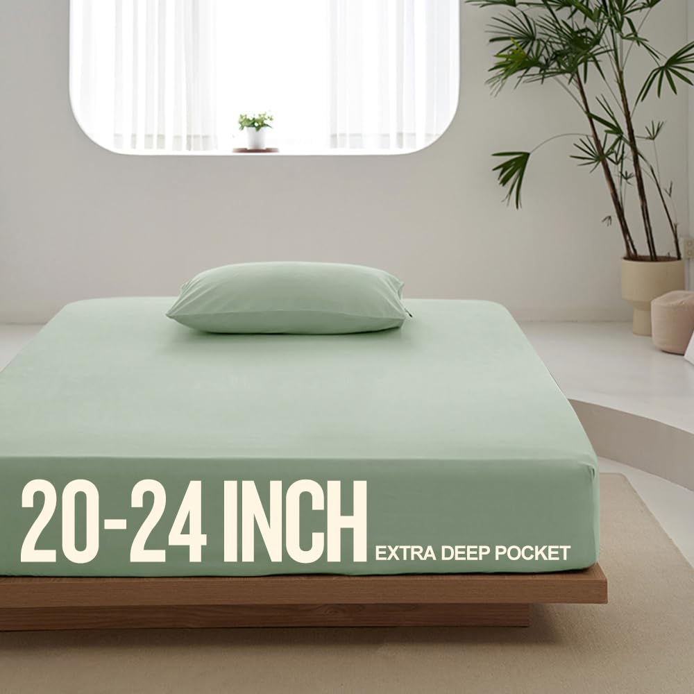 Premium 2000TC Microfibre Fitted Sheet - 1 Piece, Extra Soft, Wrinkle-Free, Easy Care, Hotel Luxury (Sage Green, Queen (20-24")