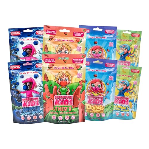 Image of Bubblegum Kids Variety Pack Sugar Free Gum | Sugarless Gum with Xylitol | Vegan, Low Calorie Candy for Kids & Adults | 4 Flavors: Watermelon, Banana, Berry & Strawberry | 55 Pieces Per Pack, 8 Pack