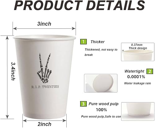 Miniatura 2 de SharkBliss RIP Twenties - Vasos de papel desechables para fiesta de cumpleaños número 30, paquete de 20 vasos de papel desechables de 9 onzas RIP