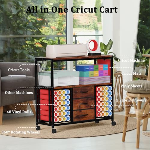 Image of 48 Vinyl Roll Holders for Cricut Cart, 32 inchW Large Craft Cart with 3 Fabric Drawer, Craft Organization and Storage Compatible with Cricut Maker Machine, Crafting Table Workstation, Vintage