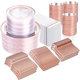 GATHER 700PCS Rose Gold Plastic Plates - Clear Rose Gold Rim Disposable Dinnerware Set Includes 200 Plates, 300 Silverware, 100 Napkins, 100 Cups for Party & Wedding & Mother's Day