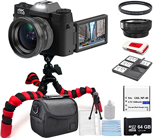 eDealz 4K 56MP デジタルカメラキット 写真撮影 Vlogカメラ YouTube用 フリップスクリーン WiFi、広角&マクロレンズ、64GB Micro SDカード、12インチフレキシブル三脚、キャリーケース、カードリーダー(ブラック)