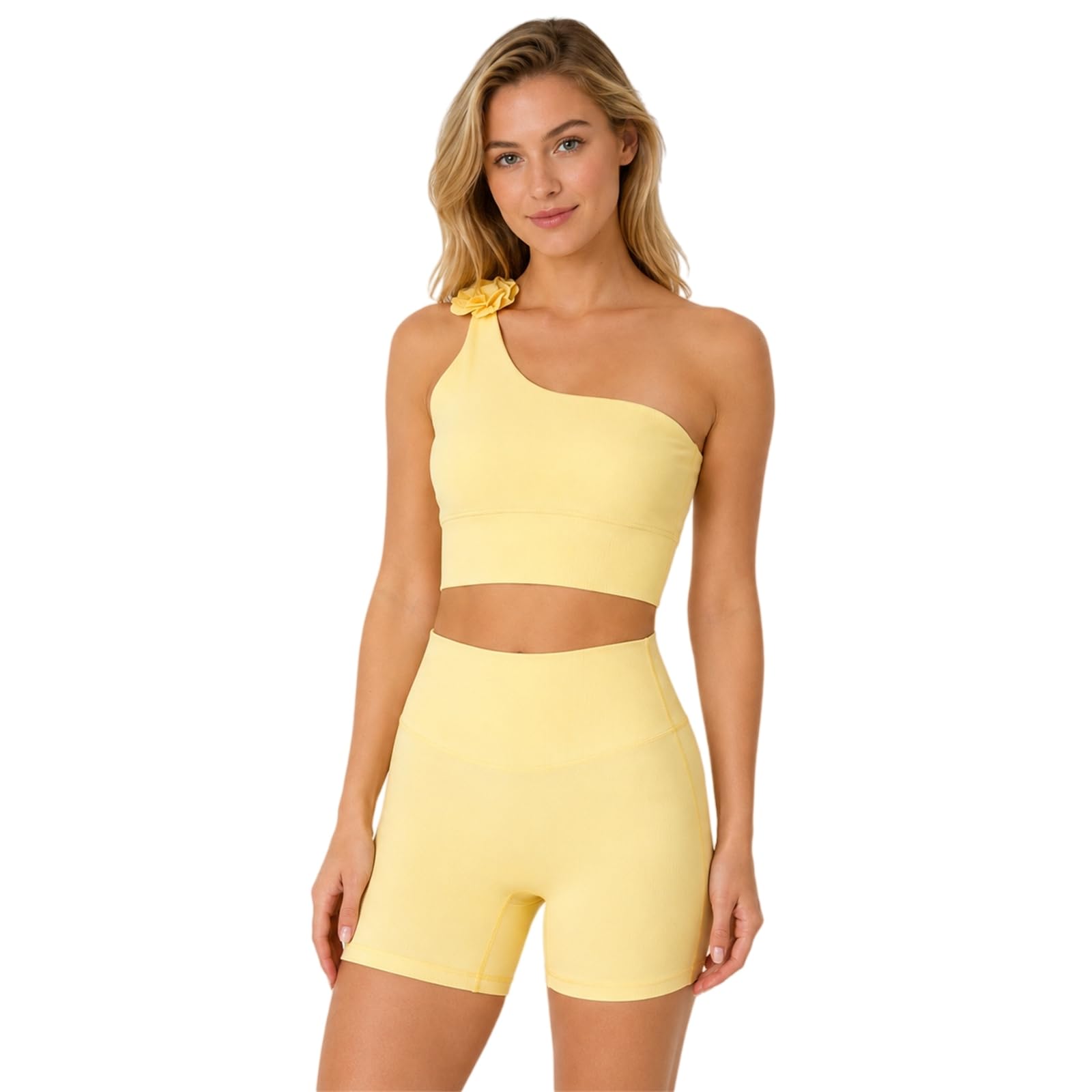 Set da allenamento monospalla da donna, canotta da yoga a coste con pantaloncini a vita alta reggiseno sportivo elasticizzato 2 pezzi per pilates palestra