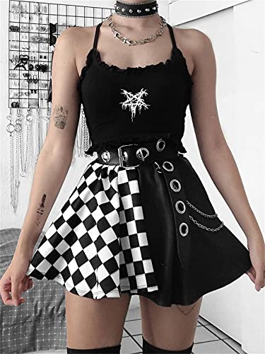 FIDDY898 Women’s High Waisted Goth Skirt Black Mini Skirts with Chain Short A-line Pleated School Tennis Dress