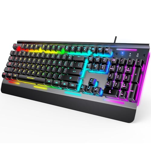 TECKNET Gaming Keyboard, USB Wired Computer Keyboard, 15-Zone RGB Illumination, IP32 Water Resistance, 25 Anti-ghosting Keys, All-Metal Panel (Whisper Quiet Gaming Switch)