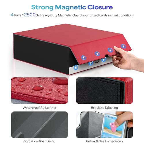 Image of UAONO Trading Card Storage Box, Holds 2400 Sleeved Cards with 24 Dividers & 4 Stoppers, Magnetic Closure PU Leather Card Case for MTG, PTCG, YGO, Sports Cards (Red&White)