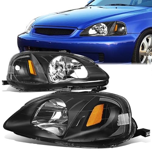 Headlight Assembly Compatible with 1999-2000 Honda Civic Black Housing Amber Corner Left Right Headlamp Set 33101S01A02 33151S01A02 HO2503113 HO2502113