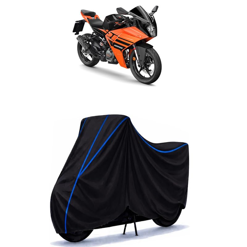 Image of KTM RC 125 Bike Cover Water Resistant Universal Motorcycle Rain | Heavy Duty UV Protection, Dust, Scratch Indoor Outdoor All Weather with Black Blue Piping Elastic