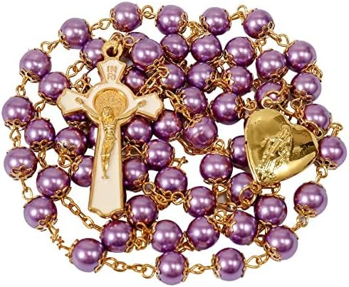 Nazareth Store Purple Pearl 8mm Beads Rosary Necklace Gold Prayer Chaplet with Miraculous Open Up Locket Centerpiece Medal and White Enamel Cross