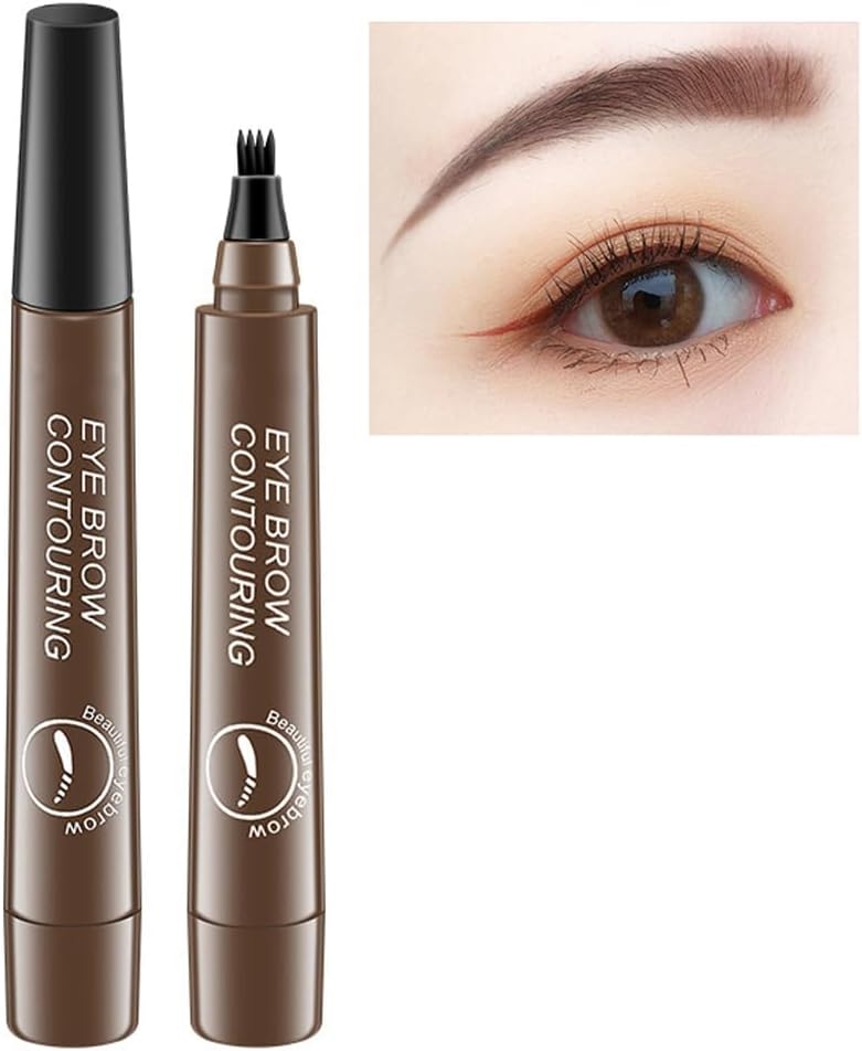 Microblading Eyebrow Pen - Eyebrow Pencil Magical Upgraded Eye Brow Pencils for Women with 4 Fork Tip & Spoolie Brush for Natural-Looking Hair-Like Defined Brows, Last All-Day (Dark Brown)