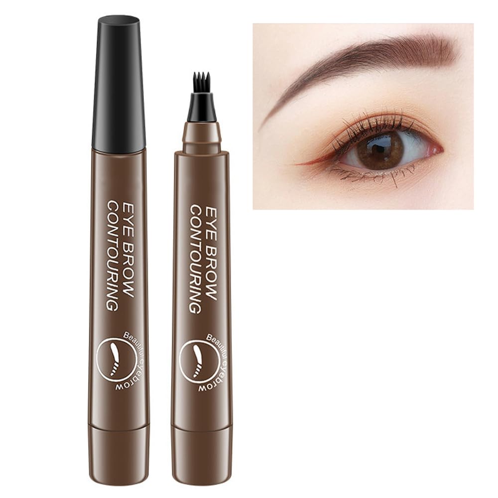 Microblading Eyebrow Pen - Eyebrow Pencil Magical Upgraded Eye Brow Pencils for Women with 4 Fork Tip & Spoolie Brush for Natural-Looking Hair-Like Defined Brows, Last All-Day (Dark Brown)