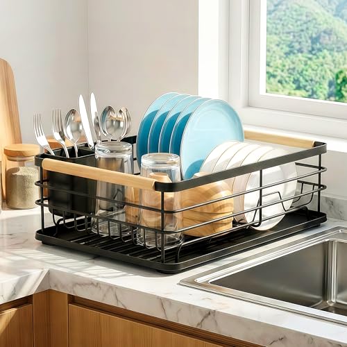 JUPPLIES Escurreplatos de Acero Inoxidable 14,6x37,5x28,5cm con Soporte para Utensilios Extraíble, Portavasos y Estante de Secado de Gran Capacidad - Escurridor de Platos con Bandeja de Goteo (Negro)