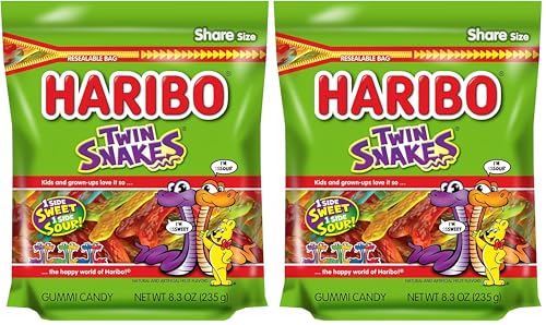 HARIBO Gummi Candy, Twin Snakes Sweet & Sour Gummy Candy, 8.3 Ounce Resealable Share Size Stand Up Bag, Soft & Chewy Snacks, Assorted Fruity Flavors (Pack of 2)