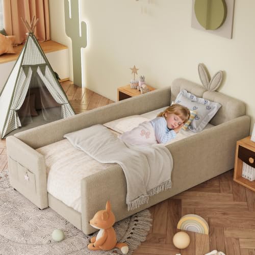 Image of Twin Size Bed Frame for Kids, Upholstered Daybed Frame Floor Bed with Safety Rails and Storage Pocket Cute Rabbit Ear Shaped Headboard for Kids Teens Boys Girls, Camel