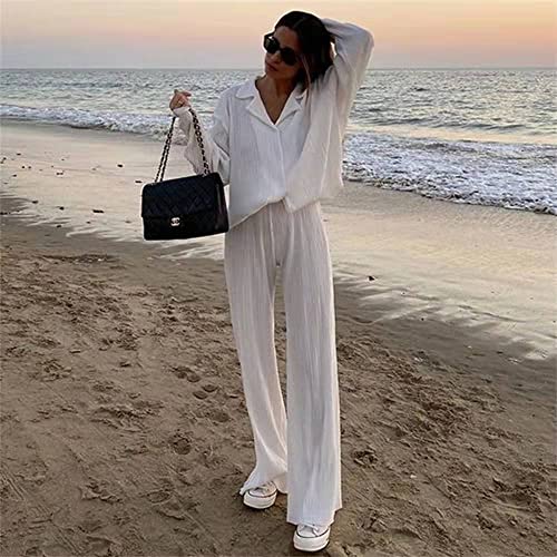 Creaion Women's Trendy Pleated Beach Matching Sets Summer Long Sleeve Button Down Tshirt High Waist Micro Flare Pants 2 Piece Outfits White #TOP2