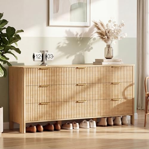 Image of Wodeer 9 Drawer Dresser for Bedroom, 62 inch Wide Wood Storage Cabinet with Fluted Design, Modern Chest of Drawers & TV Stand for Living Room, Nursery Clothing Organizer with Metal Slides, Anti-Tipping