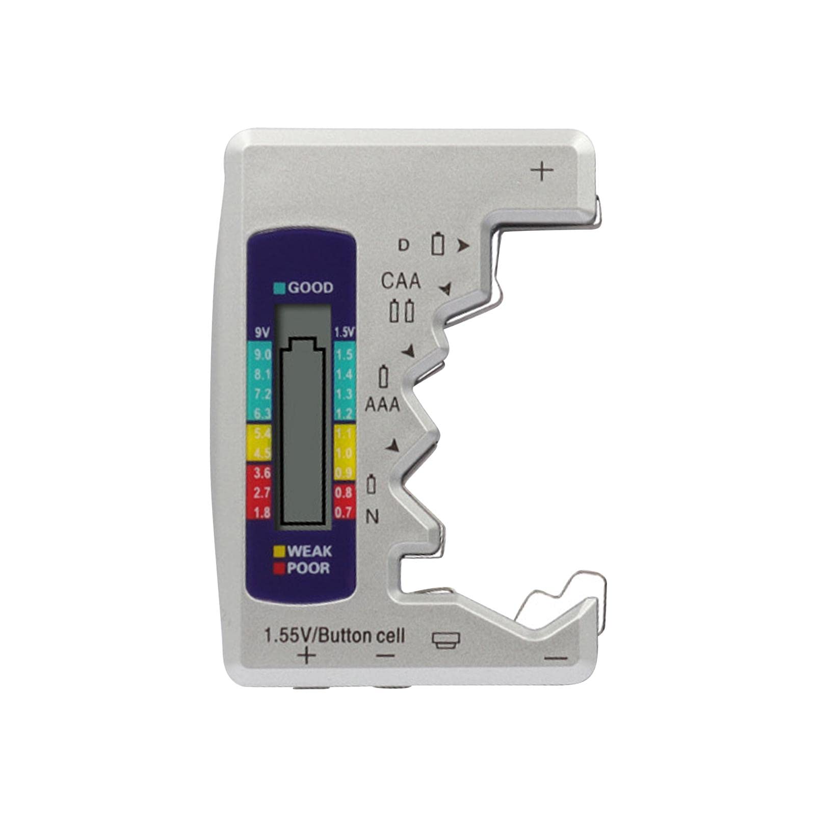 Digital Battery Capacity Tester Volt Checker 1.5V 9V AA AAA C D Mini ABS Battery Tester Accessories Digital Battery Capacity Detector for Small Batteries (Silver)