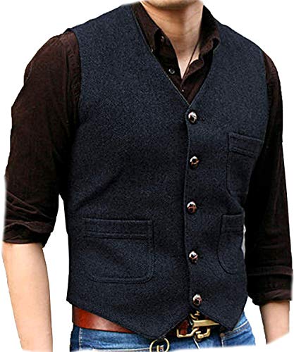Image of SOLOVEDRESS Mens Vintage Tweed Suit Vest V Neck Casual Wool Waistcoat for Wedding Groomsmen