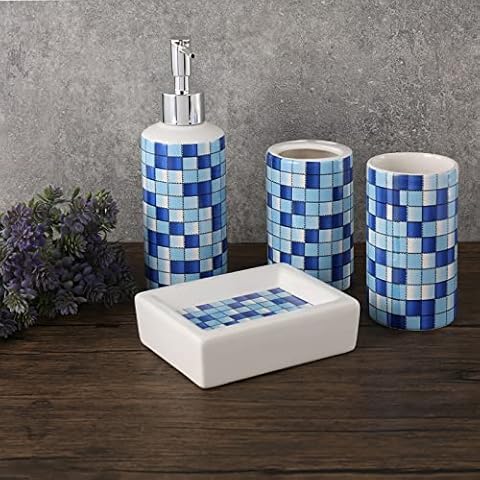IRONWALLS 4 Piece Bathroom Accessory Set, Liquid Soap Lotion Dispenser, Toothbrush Holder, Tumbler, Soap Dish Blue Cover