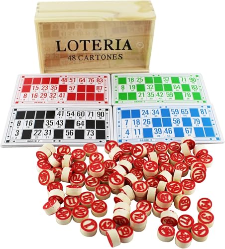 BLUECHOLON Juego Bingo Lotería Tradicional, 48 Cartones, 90 Fichas Numeradas de 2 Caras, Caja de Madera para Guardar.